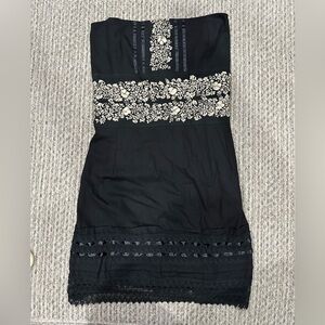 Black cotton strapless dress with tan embroidery, EUC!
